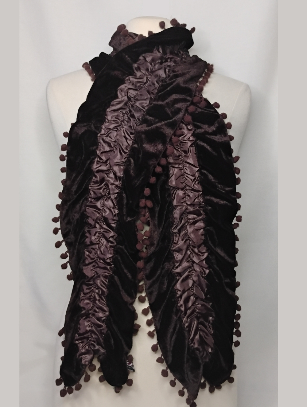 Women's Brown Gathered Victorian Velvet Satin Scarf Pom Pom Trim Vintage Y2K
